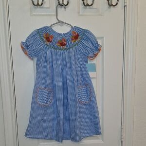 Charming Blue Checkered Kids Dress with Floral Accents
